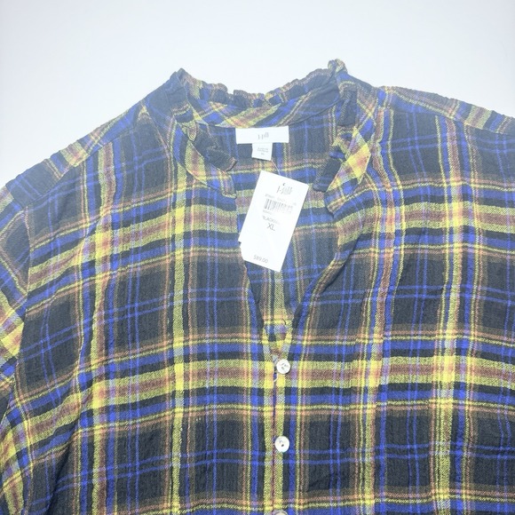 J Jill XL Crinkle Plaid Blouse Ruffle Neck Mandarin Collar Button Front - Picture 5 of 11